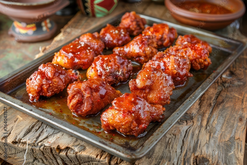 Spicy Glazed Chicken Wings on Rustic Wooden Serving Tray, Delicious Barbecue Dish Outdoor Setting, Appetizing Hot Meal
