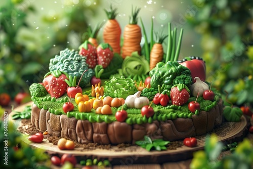 Delightful 3D-Rendered Cake Design with Fresh Vegetable Garden Top Decoration