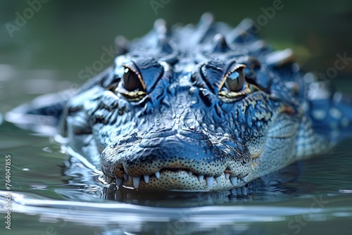 This photo captures the intense gaze and sharp teeth of an alligator submerged in water, highlighting its natural habitat