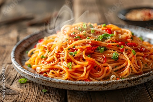 Steaming Spaghetti Pasta Tossed with Fresh Herbs, Tomatoes, and Garlic on Rustic Plate with Wooden Background