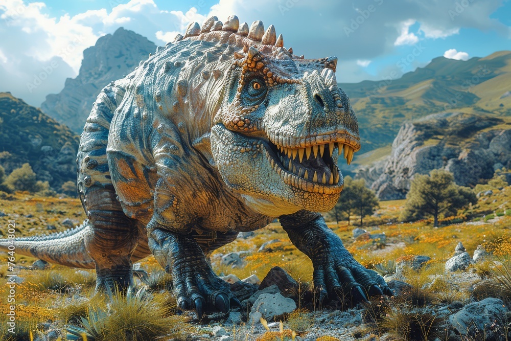 Fototapeta premium A dramatic shot of a large Ankylosaurus dinosaur model in a rocky, mountainous landscape, emphasizing its formidable armor and spikes