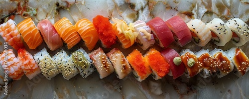 Assorted sushi selection on a marble background, highlighting traditional Japanese cuisine