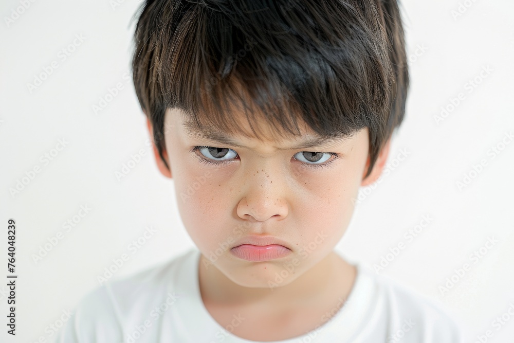 怒っている日本人の男の子のアップ写真（決意・睨む・悔しさ・いじめ・許せない）