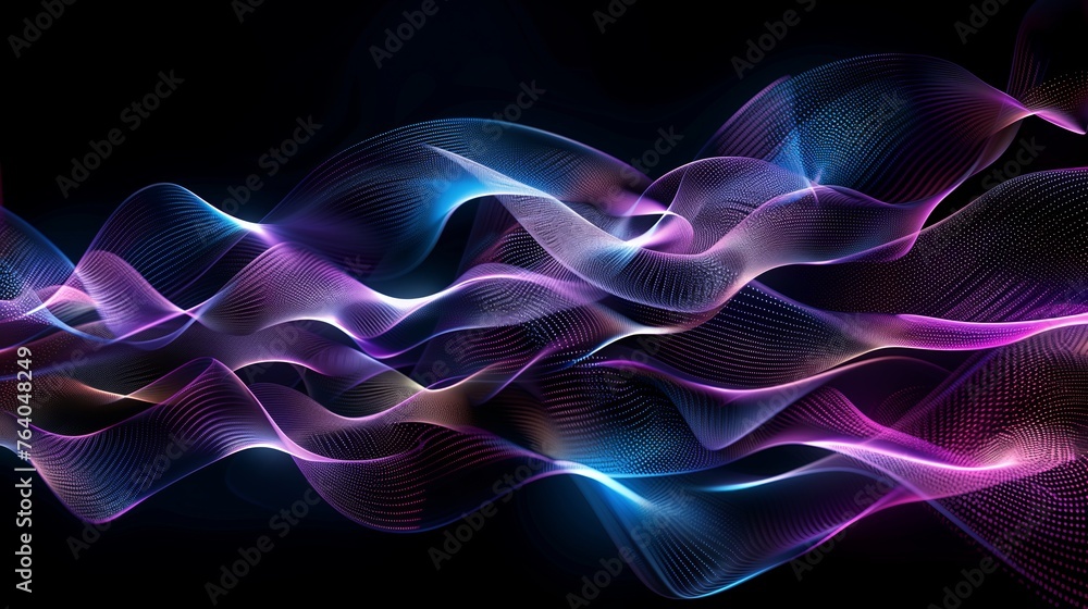 Abstract blue and purple wave moving on black background. Sound or music visualization, digital technology. Generated by artificial intelligence.