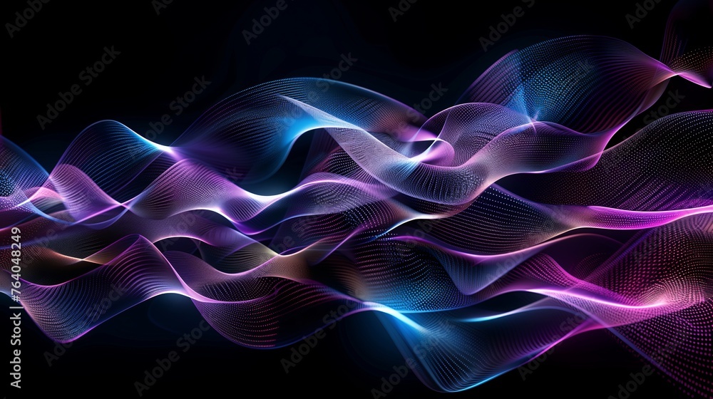 Abstract blue and purple wave moving on black background. Sound or music visualization, digital technology. Generated by artificial intelligence. Abstract blue and purple wave moving on black background. Sound or music visualization, digital technology. Generated by artificial intelligence.