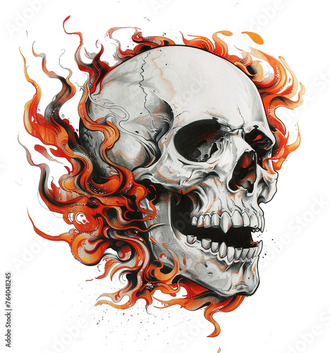 A flaming skull graphic, t-shirt or tattoo design
