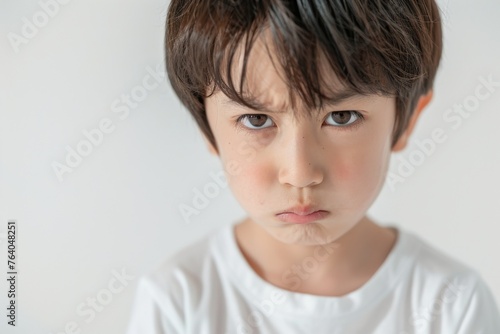 怒っている日本人の男の子のアップ写真（決意・睨む・悔しさ・いじめ・許せない） photo