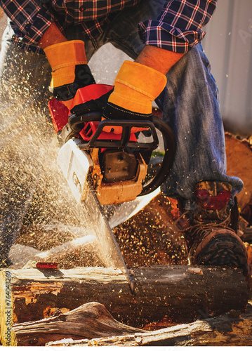 Chainsaw in action cutting wood. Man cutting wood with saw, dust and movements. Chainsaw. Close-up of woodcutter sawing chain saw in motion, sawdust fly to sides.