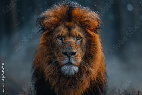A surreal image capturing a lion with a stunning mane under snowfall  creating a magical mythical atmosphere