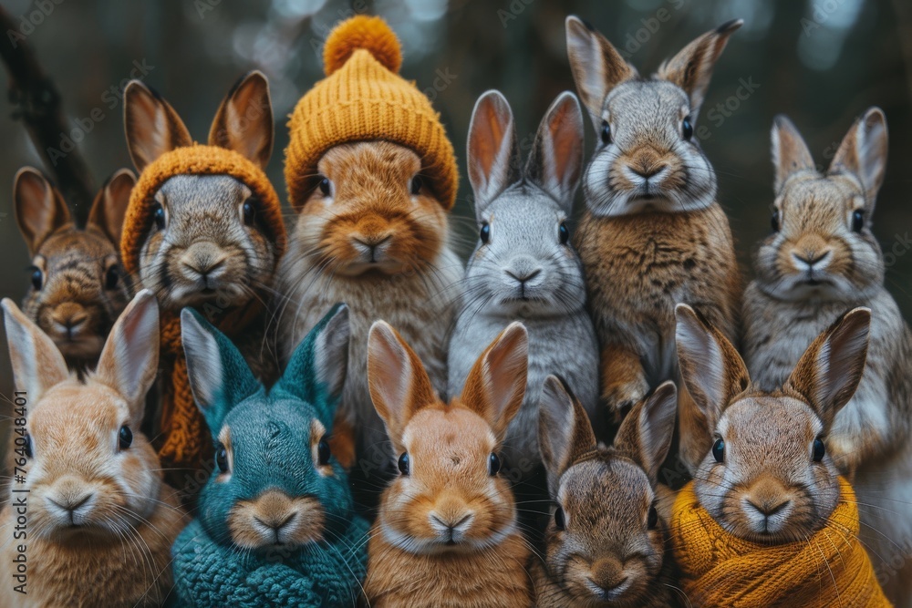 Adorable rabbits wearing colorful knitted hats and scarves looking straight ahead with a soft bokeh background for a cozy, funny image