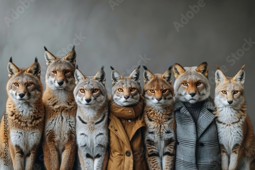 Group of foxes and lynxes standing upright with human bodies clad in autumn jackets, offering a humorous anthropomorphic twist