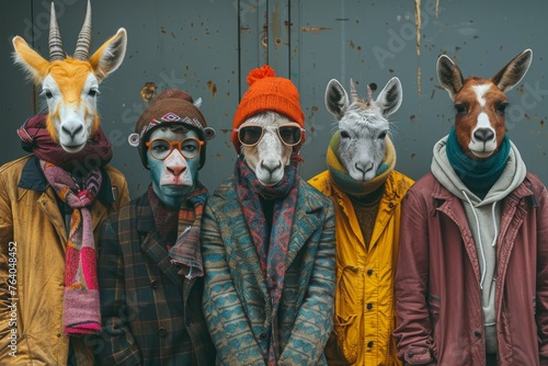 Stylish llamas dressed as humans pose trendily against industrial backgrounds for a comical, esoteric portrayal © svastix