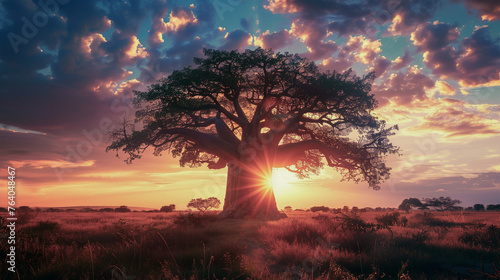 一本の大きなバオバブの木がドラマチックなシルエットを映し出す夕暮れ時の大自然 photo