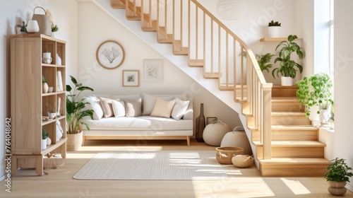 Farmhouse home interior design of modern living room with wooden staircase. © inthasone