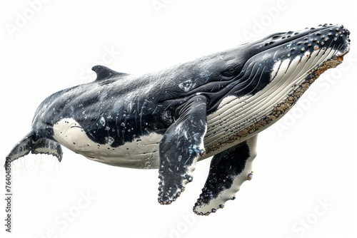 A majestic humpback whale isolated on a white background, showcasing its unique features and body patterns