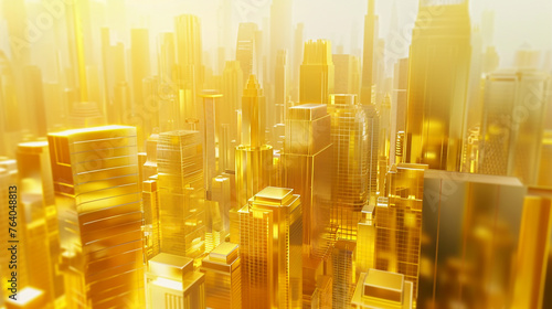 3D model of a golden metropolis with many skyscrapers. The reflection of the nearest building can be seen on the surface of the building.