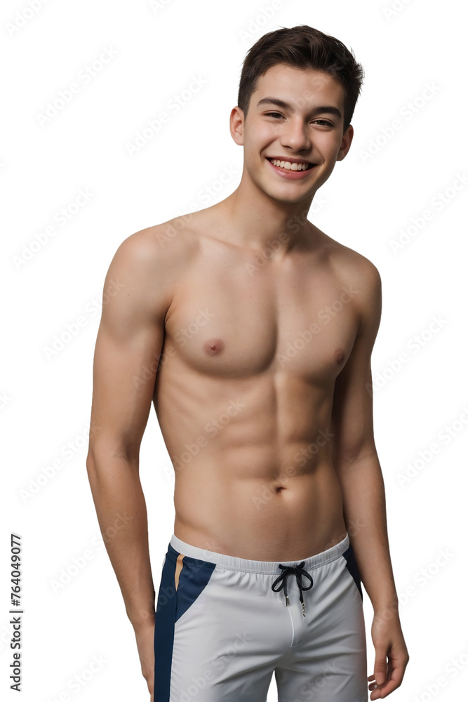 Young man in swimming trunks, smiling and looking at the camera, isolated, transparent background, no background. PNG. Young man in swimming trunks, smiling and looking at the camera, isolated, transparent background, no background. PNG.