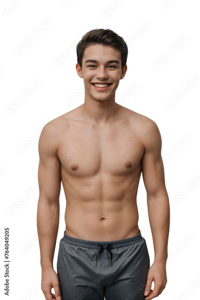 Young man in swimming trunks, smiling and looking at the camera, isolated, transparent background, no background. PNG. Young man in swimming trunks, smiling and looking at the camera, isolated, transparent background, no background. PNG.