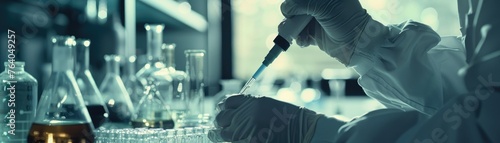 Scientist pipetting liquid in laboratory - A professional scientist is shown handling a pipette and a test tube, focusing on the precision and concentration required in scientific research photo