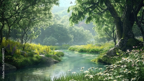 Tranquil forest stream surrounded by greenery - A serene and peaceful depiction of a stream flowing through a verdant forest with soft light filtering through the trees