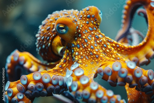 An intricate close-up of an octopus showing the exquisite pattern and texture of its skin and tentacles photo