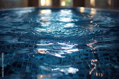 Detailed shot of water surface in an indoors jacuzzi with light playing on the ripples, conveying luxury