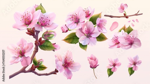 A group of realistic spring sakura cherry blossom flowers. Pink petals and blossoms, branches and leaves are included in this vector set.