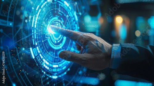 Businessman use his palm touching button on virtual screens, green technology and eco-friendly energy concept, blue sci-fi tone,vibrant color photo