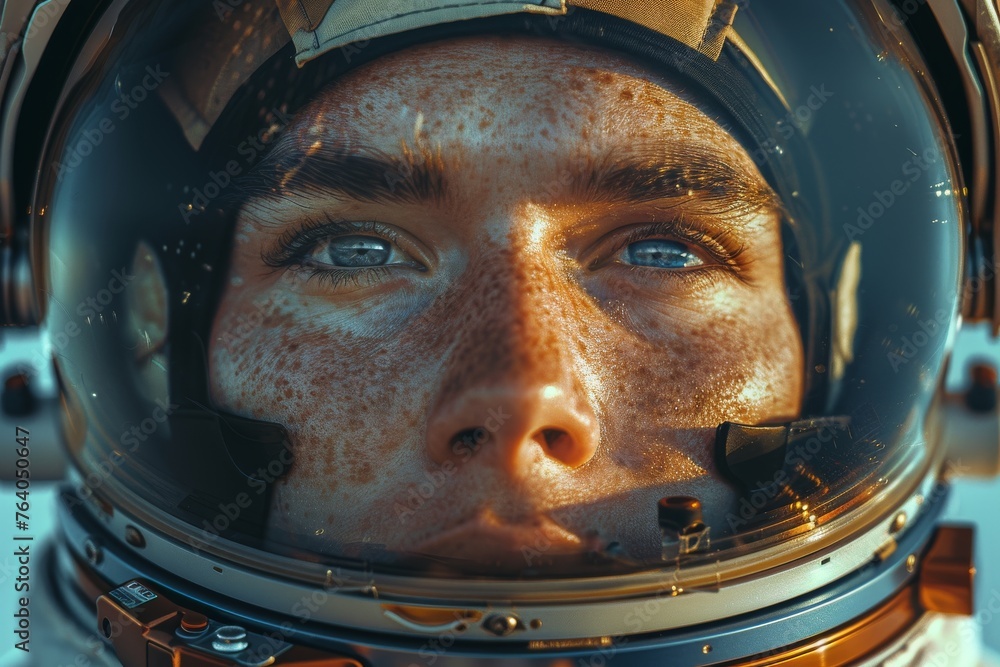 Astronaut helmet close-up showcasing intense eyes and freckled skin, highly detailed