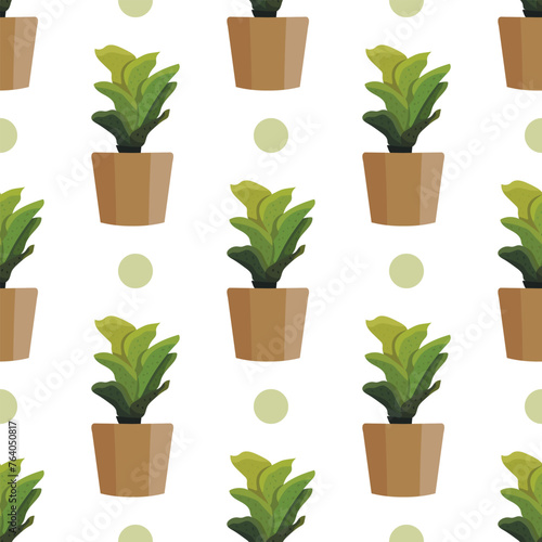 Seamless pattern with colorful houseplant in pot. Vector endless background with cute plant in flowerpot