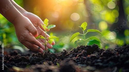 Growing Together: Hand of Children Holding Young Plant with Sunlight on Green Nature Background - Eco Earth Day Concept