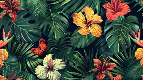 Vibrant floral pattern featuring tropical flowers  lush palm and jungle leaves  vibrant hibiscus  and exotic bird of paradise flowers. Perfect for tropical-themed designs and Hawaiian-inspired d  cor.