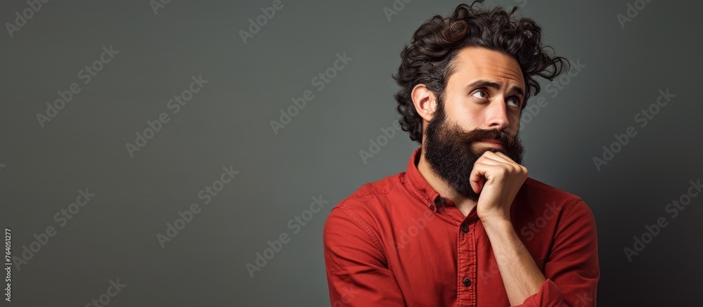 A bearded man wearing a red shirt is looking up in contemplation A bearded man wearing a red shirt is looking up in contemplation