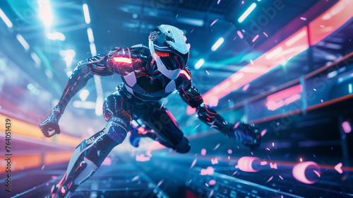 A high-octane image of a cybernetic robot running swiftly, evoking themes of artificial intelligence and advanced technology in a virtual reality setting