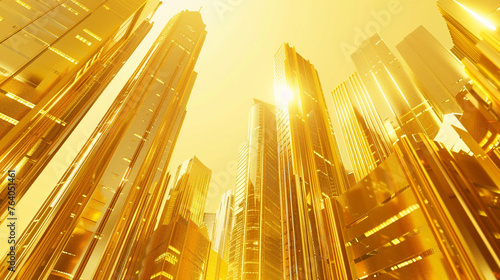 3D model of a golden metropolis with many skyscrapers. The reflection of the nearest building can be seen on the surface of the building. photo