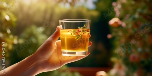natural juice in a glass in hand Generative AI