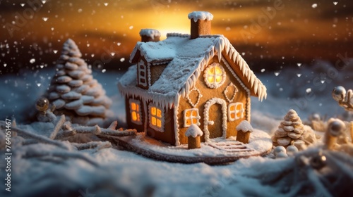 A Christmas Scene showing a quaint and small gingerbread house, illuminated by soft moonlight and placed against a backdrop of frosty hills, evoking the coziness of Christmas eve.