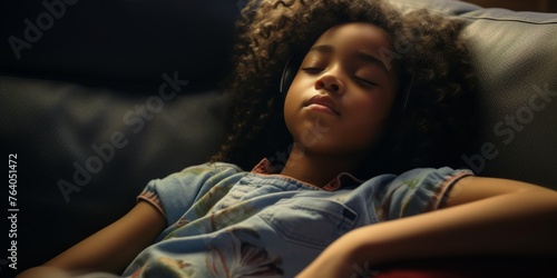 African American child girl falls asleep on the sofa Generative AI