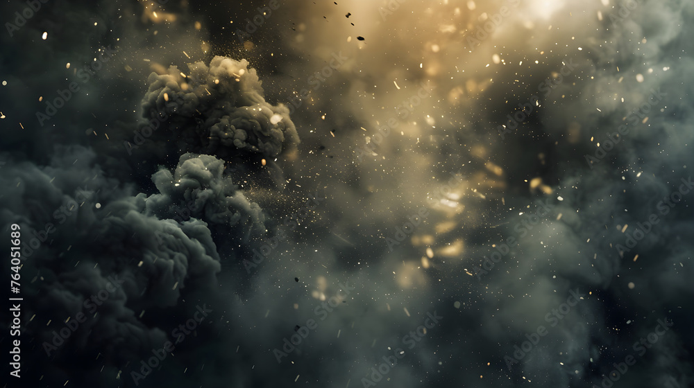 Fototapeta premium Abstract illustration of smoke clouds, fire sparks, stones fragments, flying up embers, burning cinder from explosion or natural disaster. Military banner with copy space. Concept for war games, ads