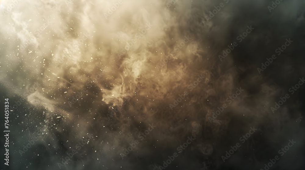 Obraz premium Abstract illustration of smoke clouds, fire sparks, stones fragments, flying up embers, burning cinder from explosion or natural disaster. Military banner with copy space. Concept for war games, ads