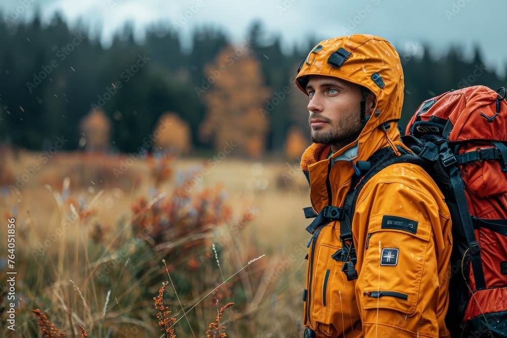 A thoughtful hiker wearing bright yellow rain gear outdoors in an autumnal landscape A thoughtful hiker wearing bright yellow rain gear outdoors in an autumnal landscape
