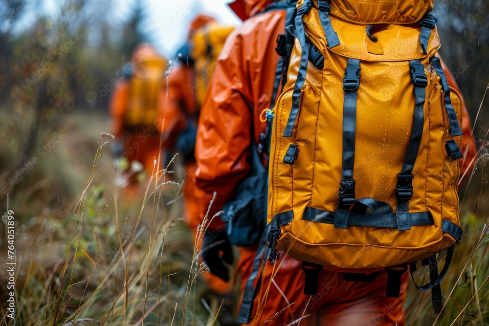An outdoor hiking scene displaying a vibrant orange backpack, symbolizing adventure and exploration An outdoor hiking scene displaying a vibrant orange backpack, symbolizing adventure and exploration