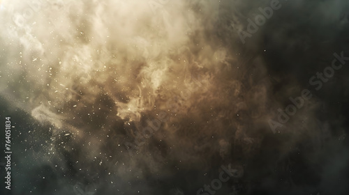 Abstract illustration of smoke clouds, fire sparks, stones fragments, flying up embers, burning cinder from explosion or natural disaster. Military banner with copy space. Concept for war games, ads