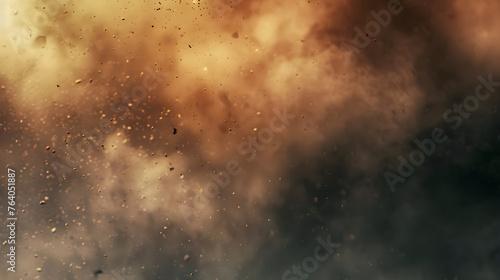 Abstract illustration of explosion or natural disaster with smoke clouds, fire sparks, stones fragments, flying up embers, burning cinder. Banner for military operations, catastrophes, war games, ads.