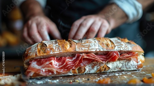 Hands delicately placing thin slices of jamón on crusty ciabatta bread, with a sprinkle of flour on the dark background