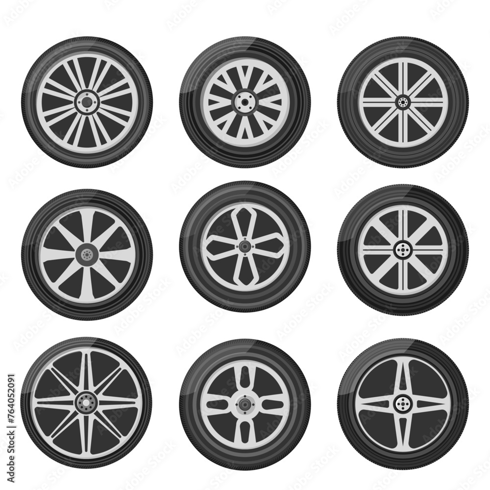 Black rubber wheel tire set. Wheel tires. Car tire tread tracks, motorcycle racing wheels and dirty tires track. Tyres road maintenance vector automobile. Auto wheel tyre. Vector illustration