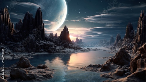 alien landscape with lake  rock formations  moons and stars created