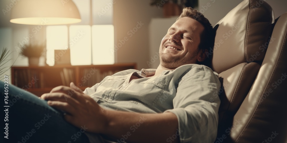 a man falls asleep on the sofa with a smile Generative AI