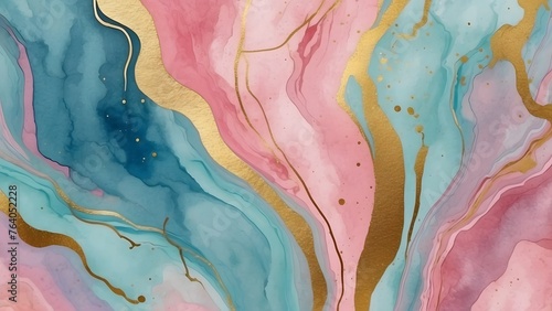Abstract watercolor paint background illustration - Soft pastel pink blue color and golden lines, with liquid fluid marbled paper texture 