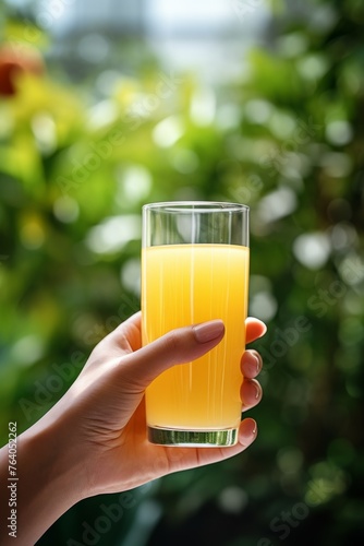 natural juice in a glass in hand Generative AI